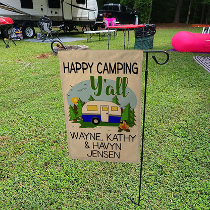 Happy Camping Y'all Personalized Campsite Flag with Retro Travel Trailer