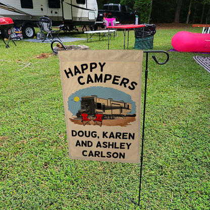 Happy Campers Personalized Camping Flag with 5th Wheel Toy Hauler