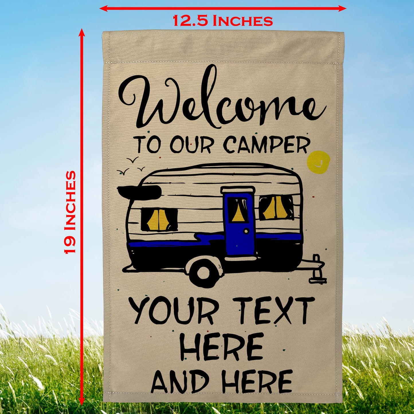 Welcome to Our Camper Personalized Camping Flag with Vintage Trailer Graphic