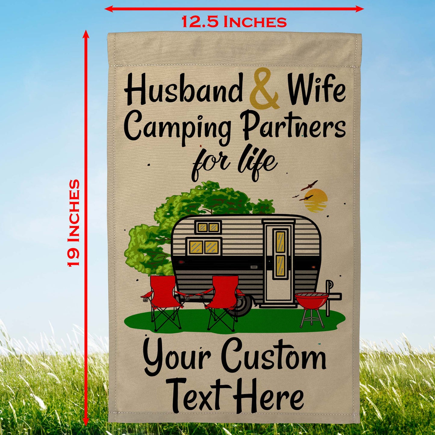 Husband & Wife Camping Partners for Life Personalized Camping Flag with Travel Trailer