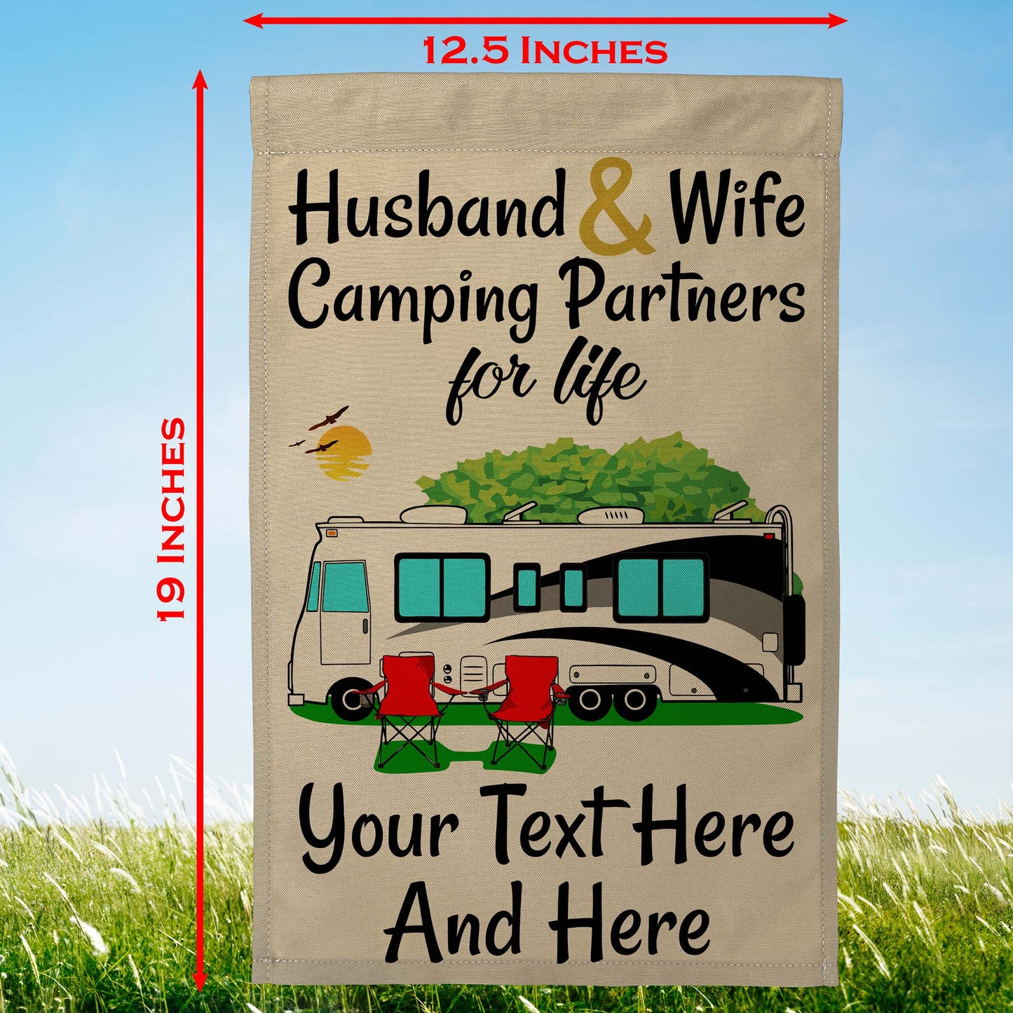 Husband & Wife Camping Partners for Life Personalized Camping Flag with Class A Motorhome