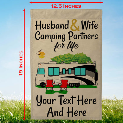 Husband & Wife Camping Partners for Life Personalized Camping Flag with Class A Motorhome