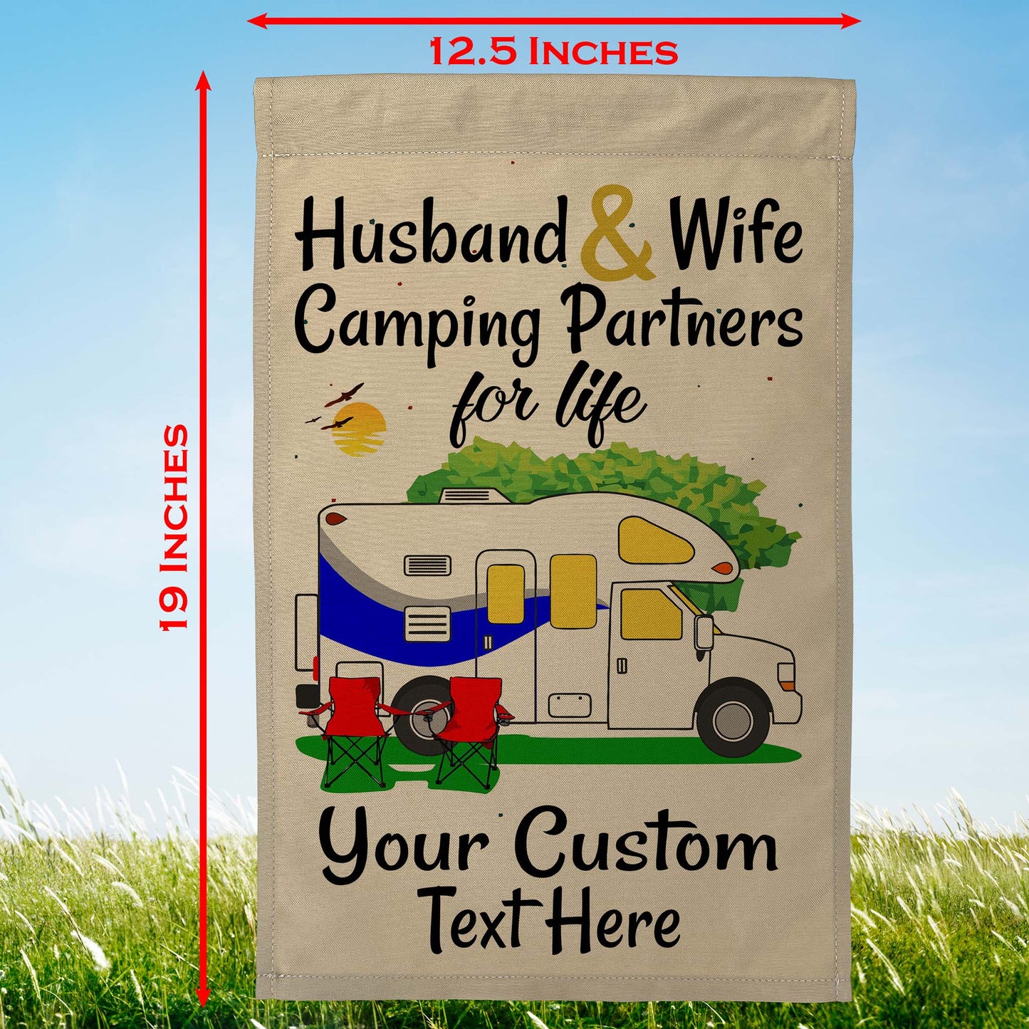 Husband & Wife Camping Partners for Life Personalized Camping Flag with Class C Motorhome