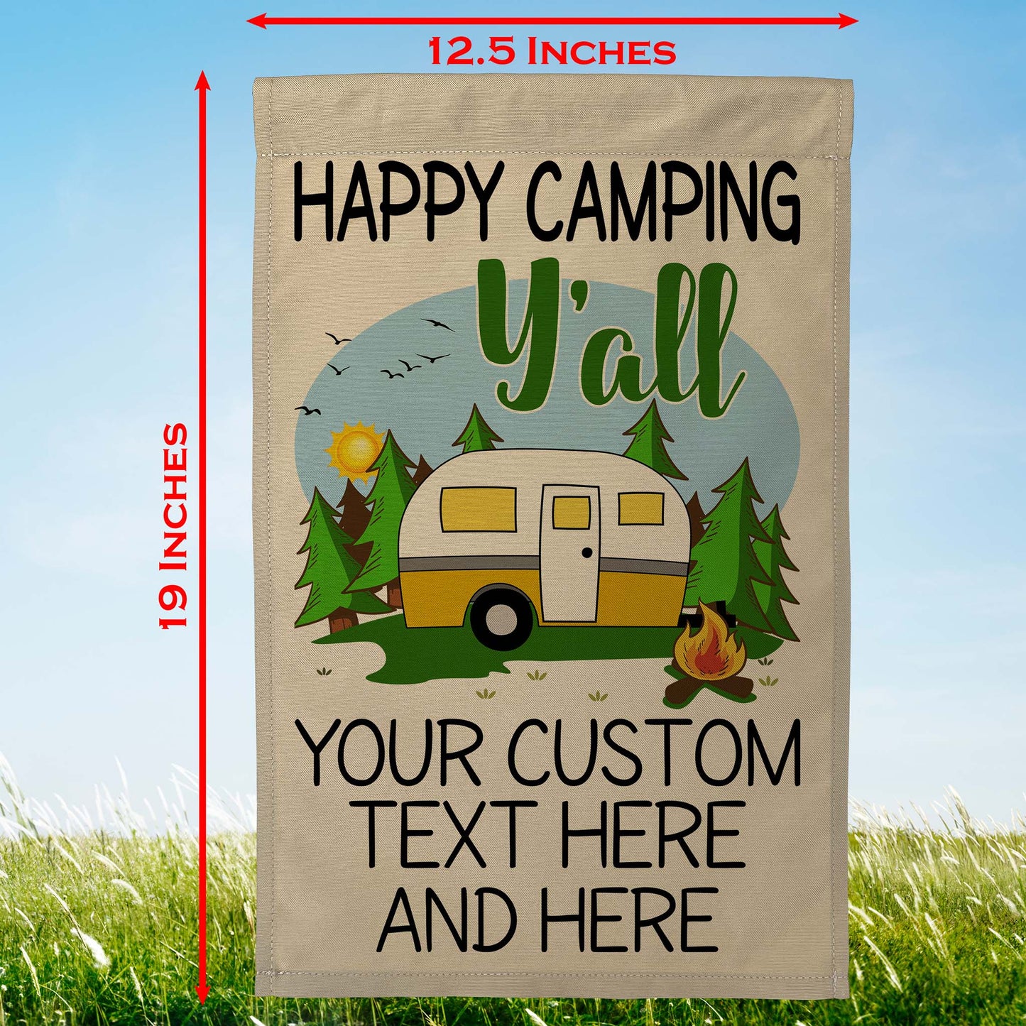 Happy Camping Y'all Personalized Campsite Flag with Retro Travel Trailer