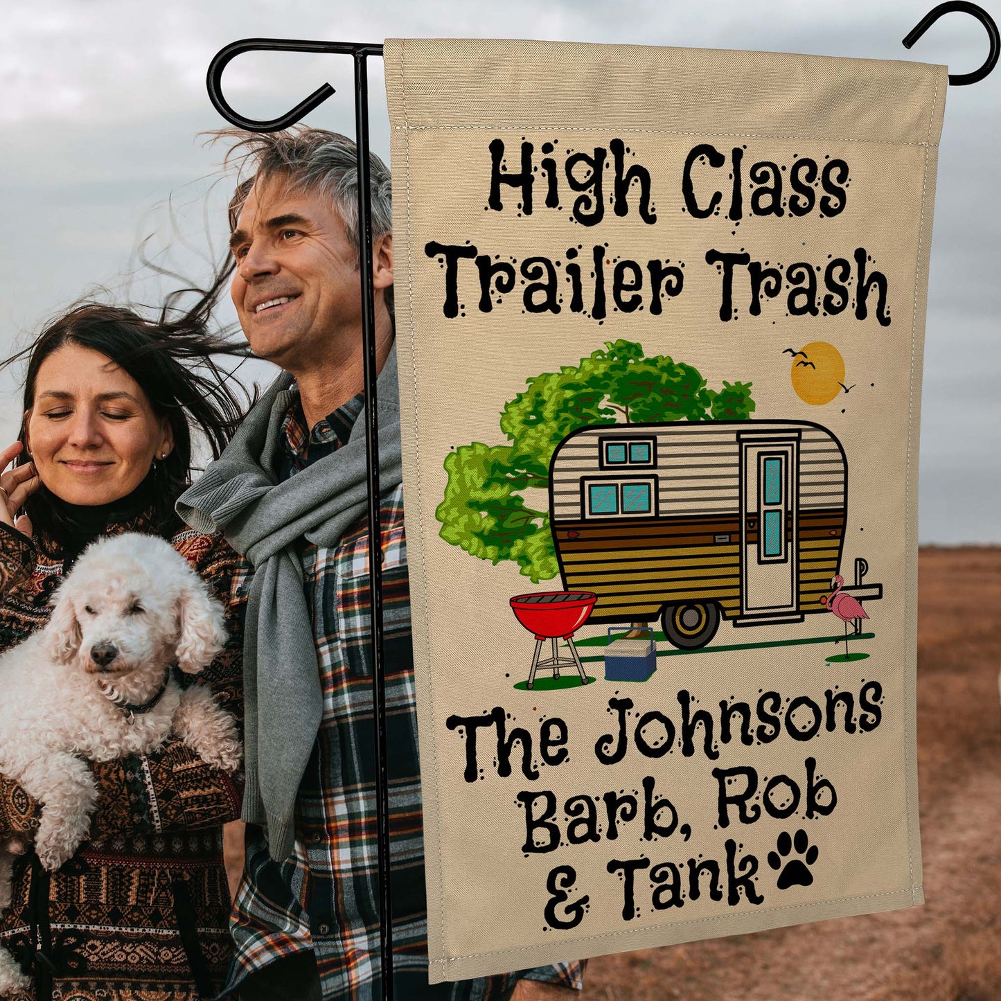 High Class Trailer Trash Personalized Camping Flag with Vintage Camper