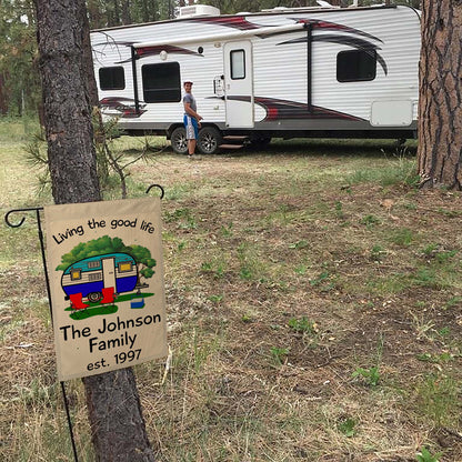 Living The Good Life Personalized Camping Flag with Retro Trailer