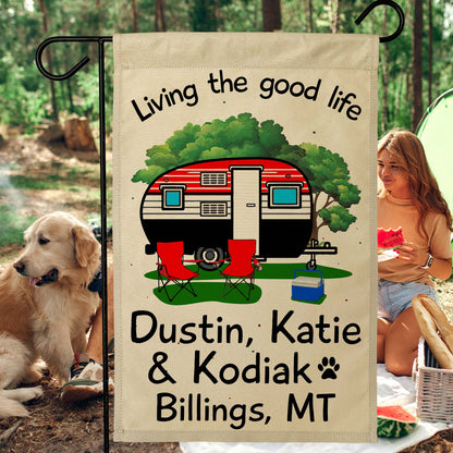 Living The Good Life Personalized Camping Flag with Retro Trailer