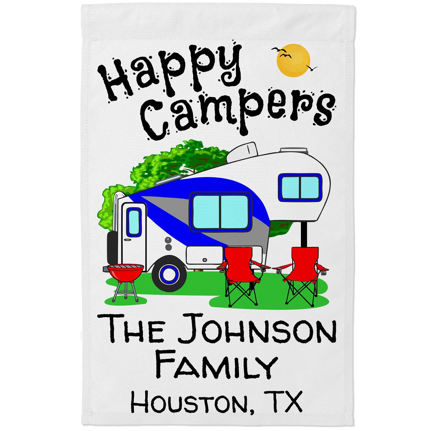 Happy Campers Personalized Camping Flag With 5th Wheel Trailer