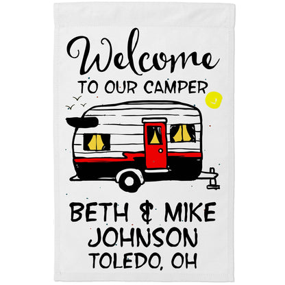 Welcome to Our Camper Personalized Camping Flag with Vintage Trailer Graphic