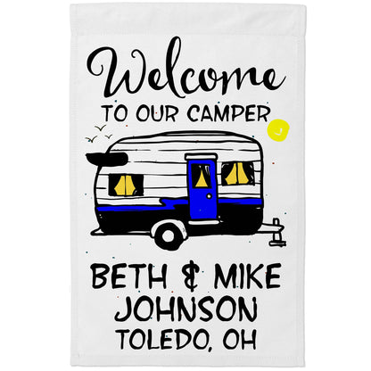 Welcome to Our Camper Personalized Camping Flag with Vintage Trailer Graphic