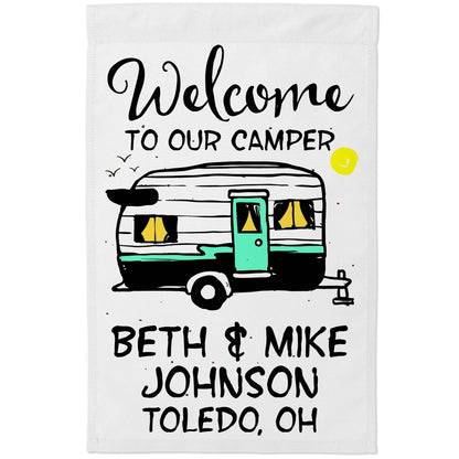 Welcome to Our Camper Personalized Camping Flag with Vintage Trailer Graphic