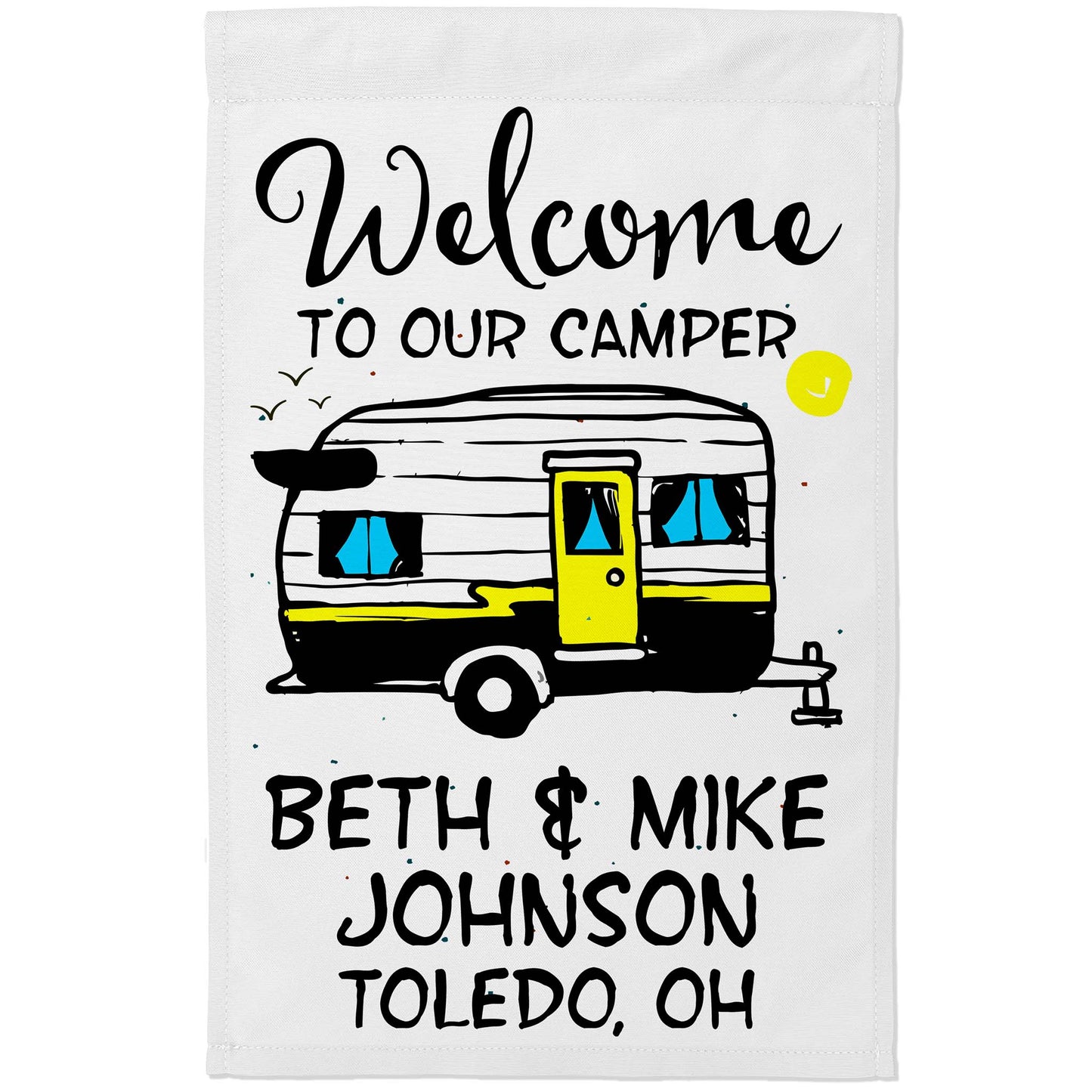 Welcome to Our Camper Personalized Camping Flag with Vintage Trailer Graphic