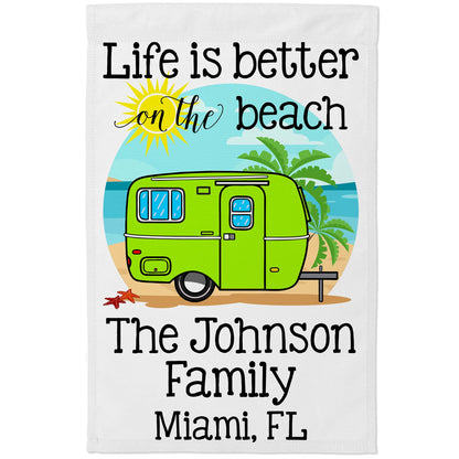 Life is Better on The Beach Personalized Camping Flag with Travel Trailer