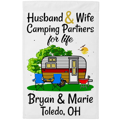 Husband & Wife Camping Partners for Life Personalized Camping Flag with Travel Trailer