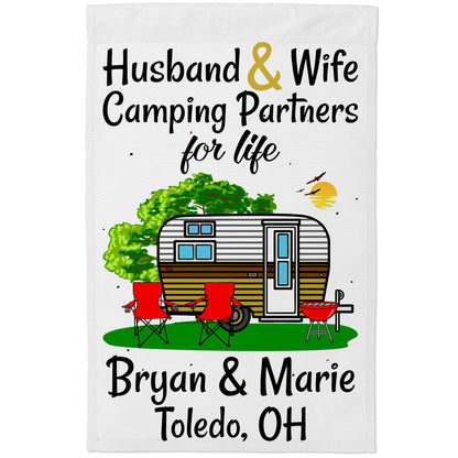 Husband & Wife Camping Partners for Life Personalized Camping Flag with Travel Trailer