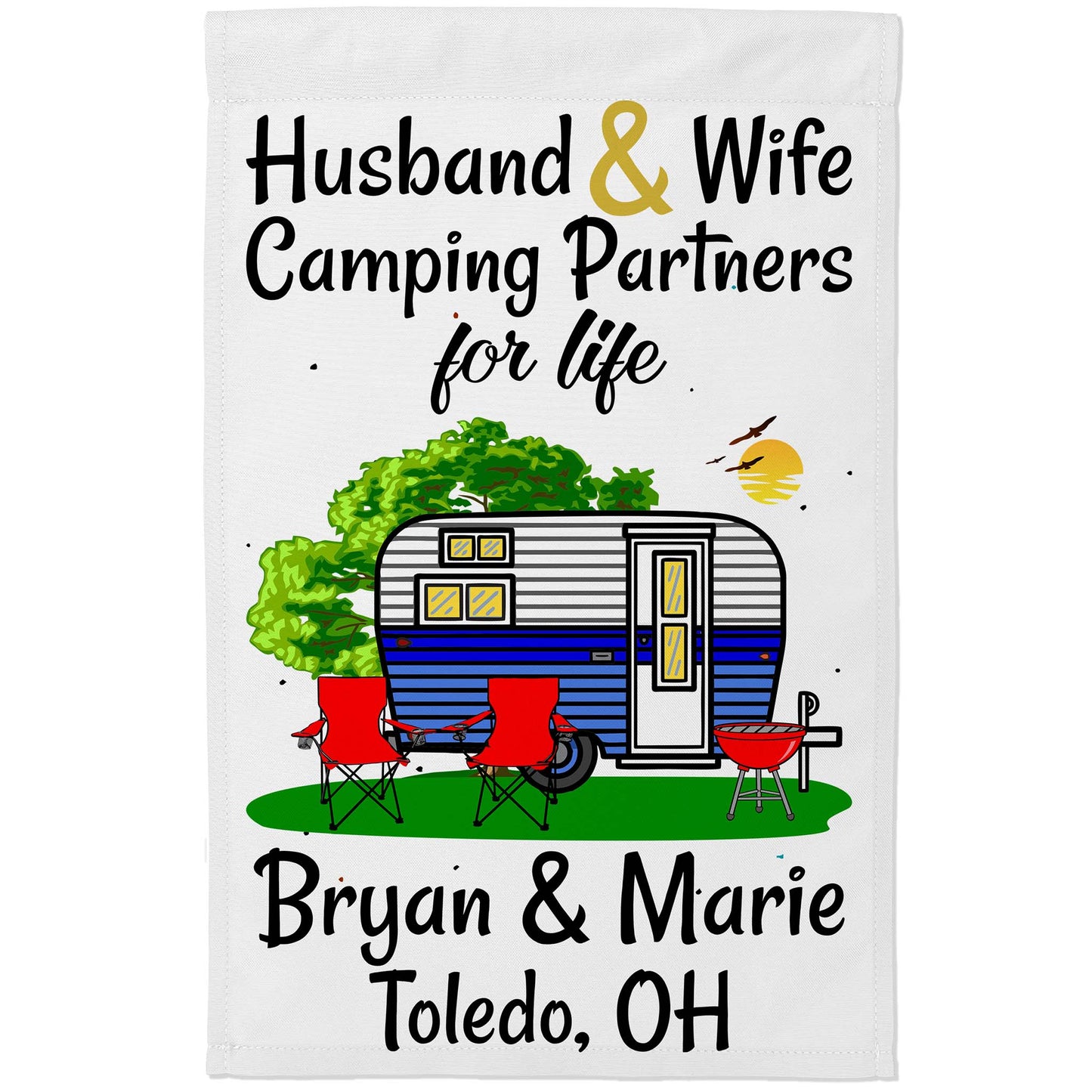 Husband & Wife Camping Partners for Life Personalized Camping Flag with Travel Trailer