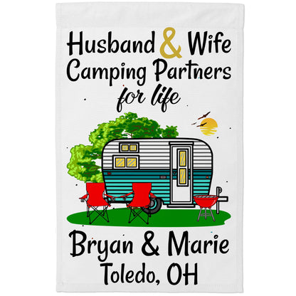 Husband & Wife Camping Partners for Life Personalized Camping Flag with Travel Trailer