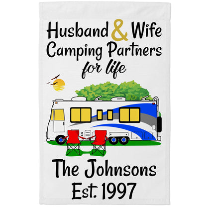 Husband & Wife Camping Partners for Life Personalized Camping Flag with Class A Motorhome