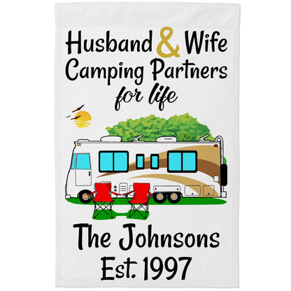 Husband & Wife Camping Partners for Life Personalized Camping Flag with Class A Motorhome