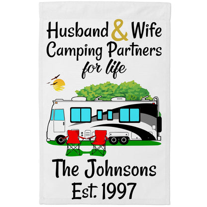 Husband & Wife Camping Partners for Life Personalized Camping Flag with Class A Motorhome