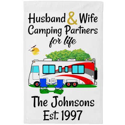 Husband & Wife Camping Partners for Life Personalized Camping Flag with Class A Motorhome