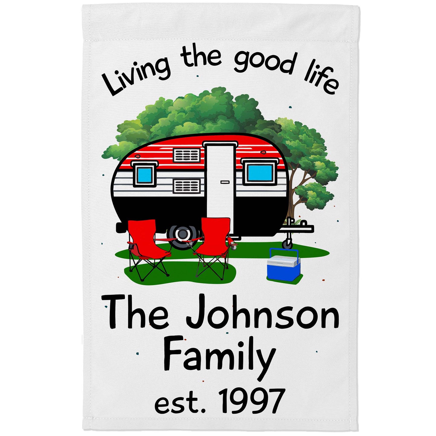 Living The Good Life Personalized Camping Flag with Retro Trailer