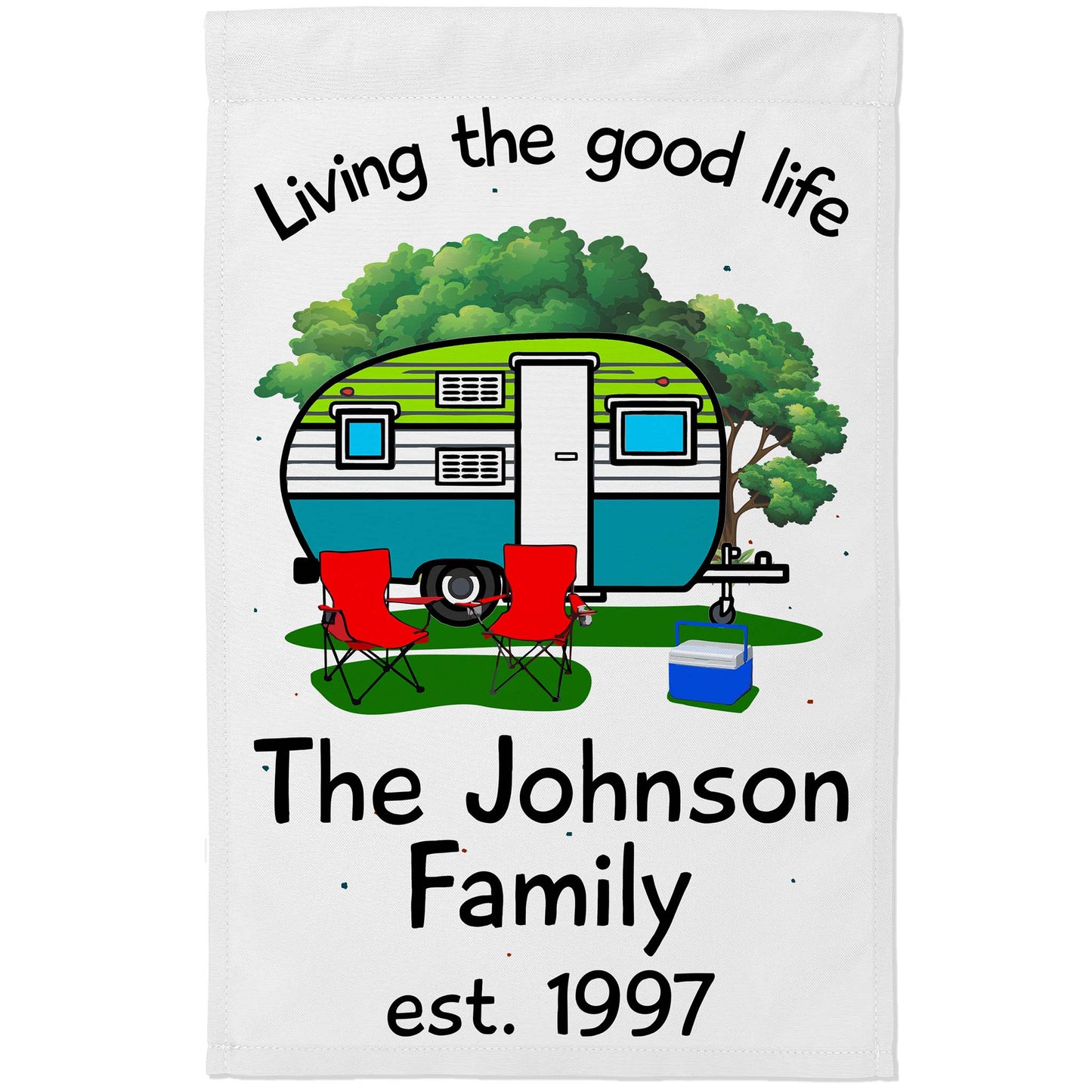 Living The Good Life Personalized Camping Flag with Retro Trailer