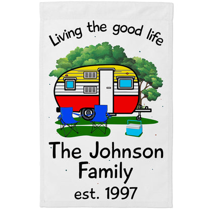 Living The Good Life Personalized Camping Flag with Retro Trailer