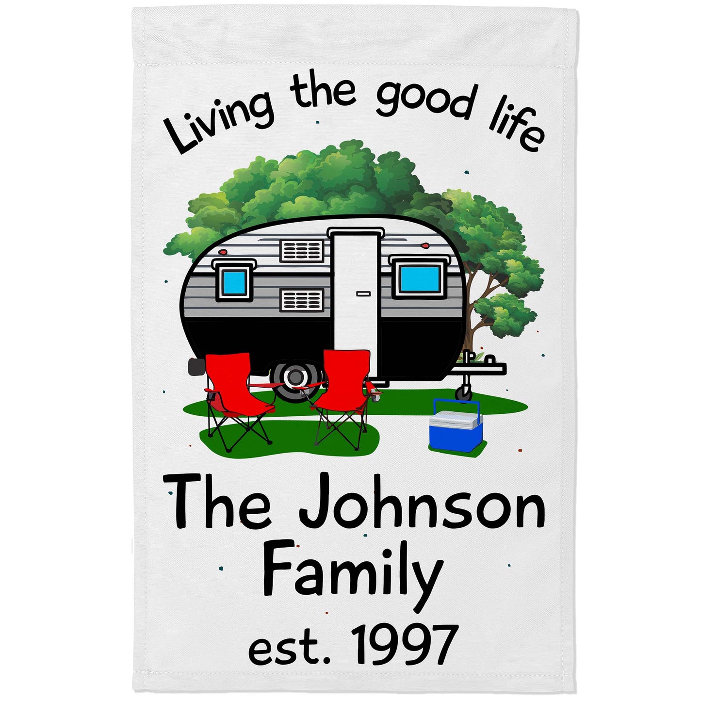 Living The Good Life Personalized Camping Flag with Retro Trailer