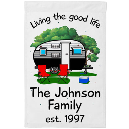 Living The Good Life Personalized Camping Flag with Retro Trailer