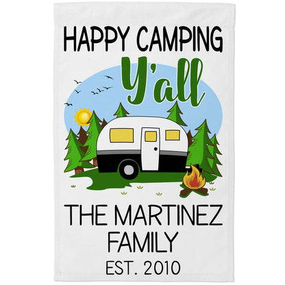 Happy Camping Y'all Personalized Campsite Flag with Retro Travel Trailer