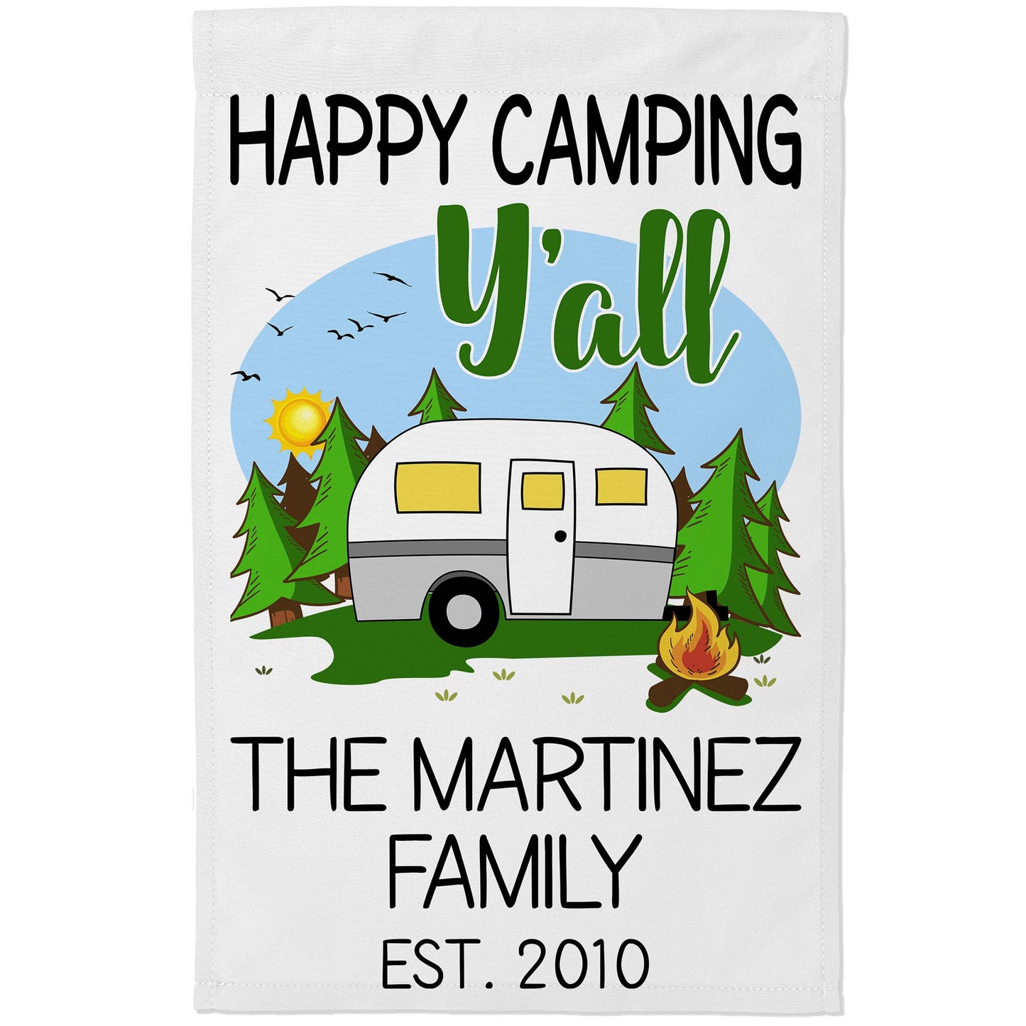 Happy Camping Y'all Personalized Campsite Flag with Retro Travel Trailer