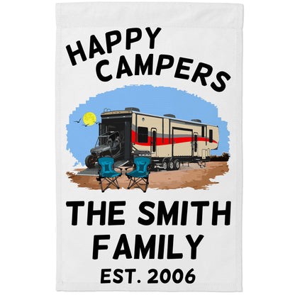 Happy Campers Personalized Camping Flag with 5th Wheel Toy Hauler