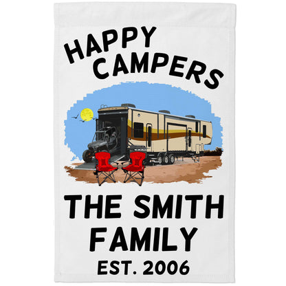 Happy Campers Personalized Camping Flag with 5th Wheel Toy Hauler