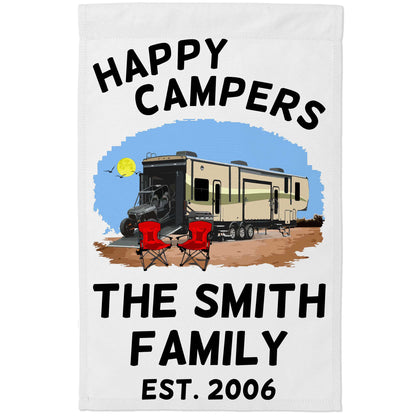 Happy Campers Personalized Camping Flag with 5th Wheel Toy Hauler