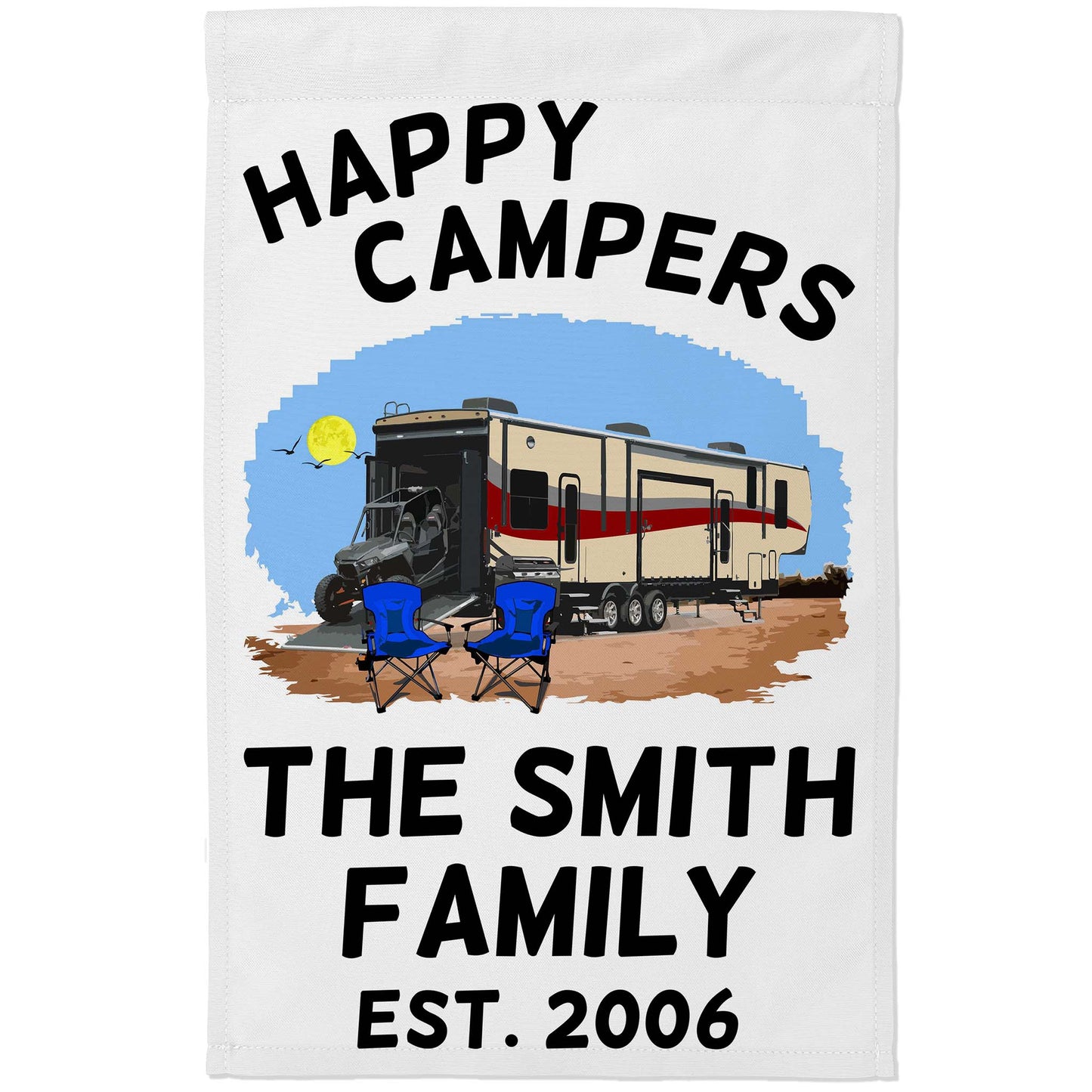 Happy Campers Personalized Camping Flag with 5th Wheel Toy Hauler