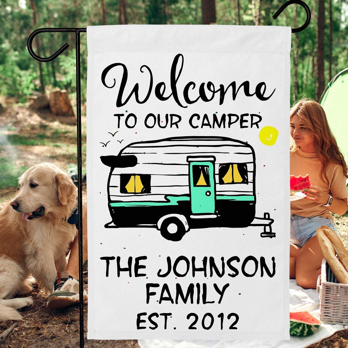 Welcome to Our Camper Personalized Camping Flag with Vintage Trailer Graphic