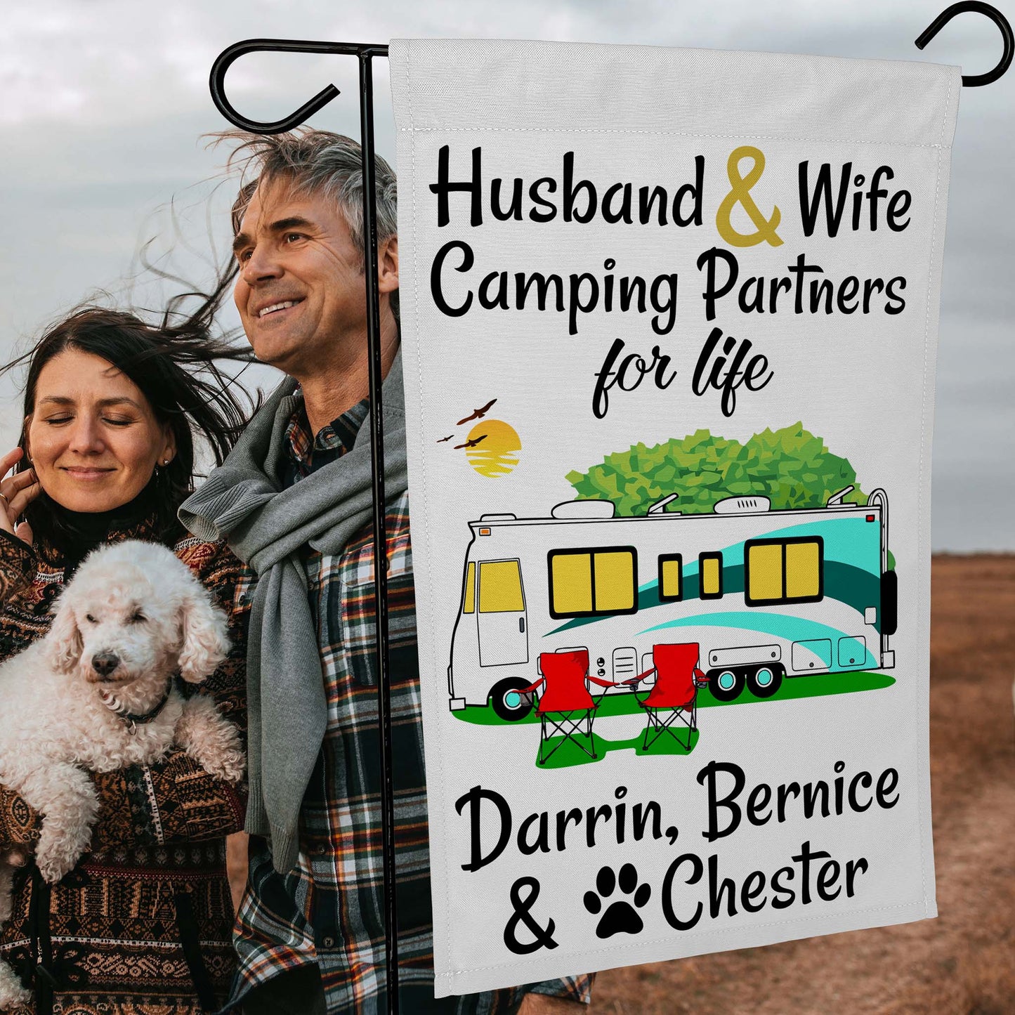 Husband & Wife Camping Partners for Life Personalized Camping Flag with Class A Motorhome