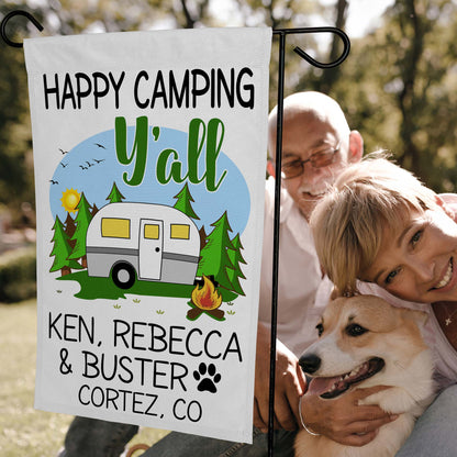 Happy Camping Y'all Personalized Campsite Flag with Retro Travel Trailer