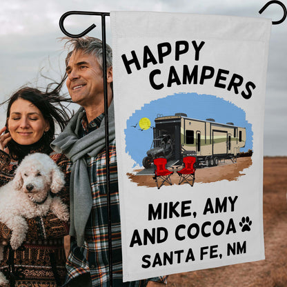 Happy Campers Personalized Camping Flag with 5th Wheel Toy Hauler