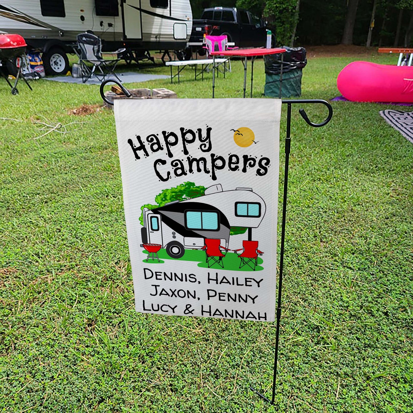 Happy Campers Personalized Camping Flag With 5th Wheel Trailer