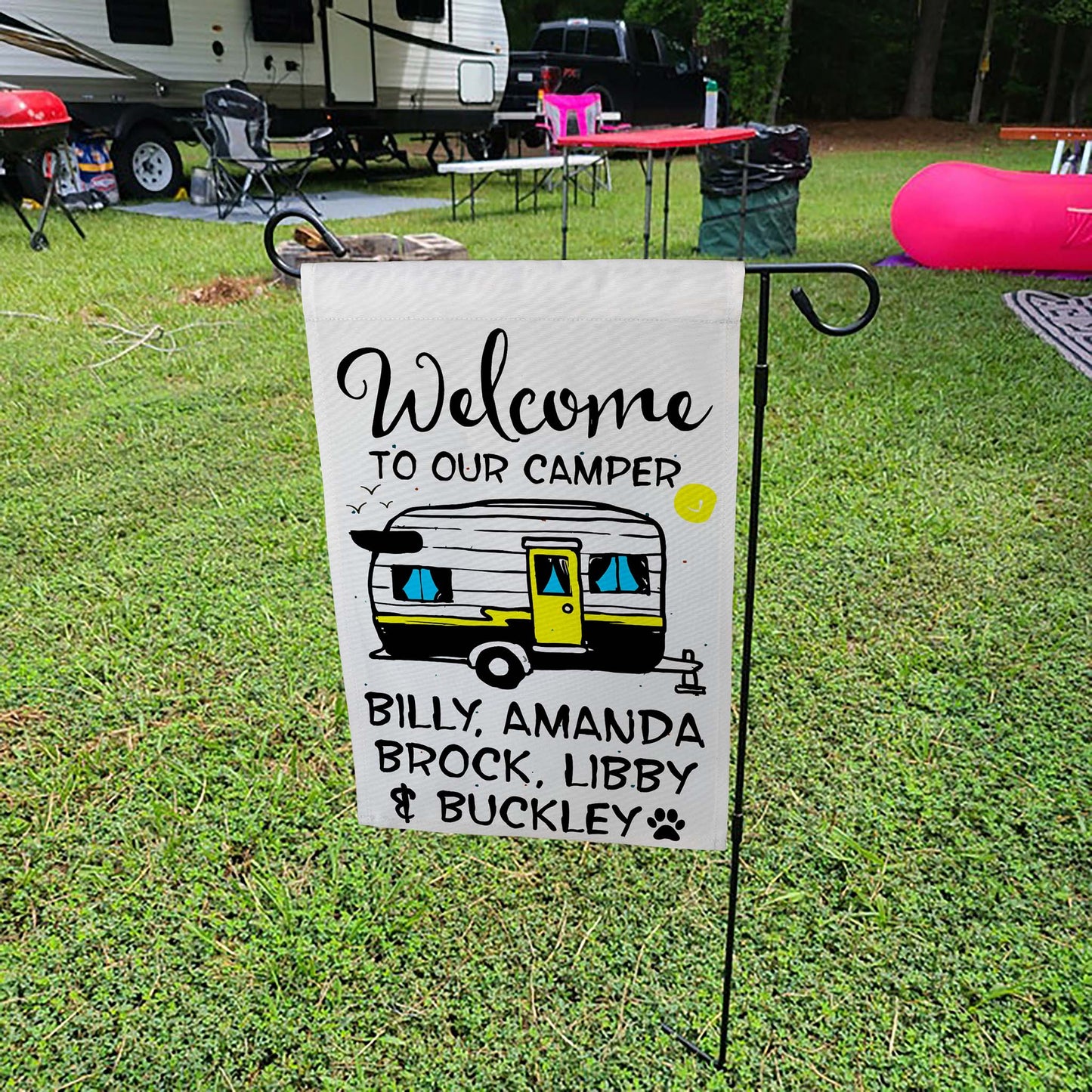 Welcome to Our Camper Personalized Camping Flag with Vintage Trailer Graphic