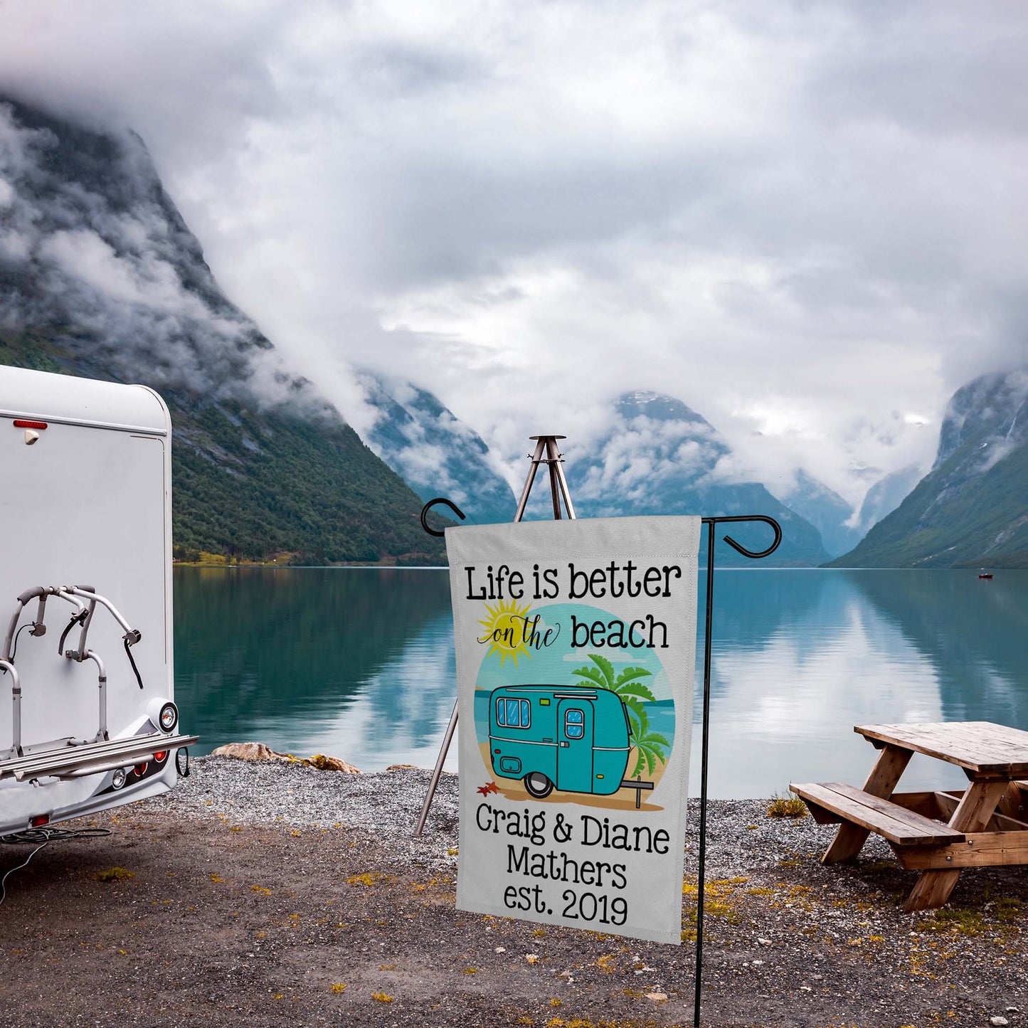 Life is Better on The Beach Personalized Camping Flag with Travel Trailer