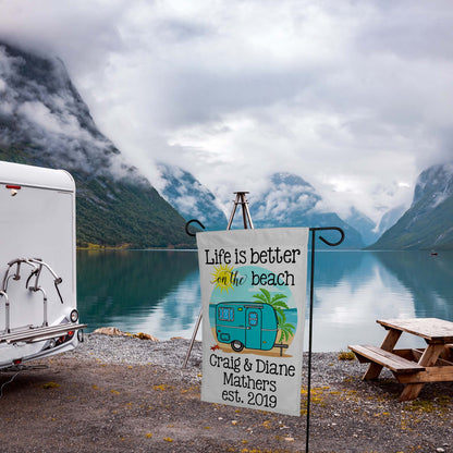 Life is Better on The Beach Personalized Camping Flag with Travel Trailer