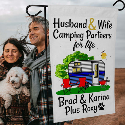 Husband & Wife Camping Partners for Life Personalized Camping Flag with Travel Trailer