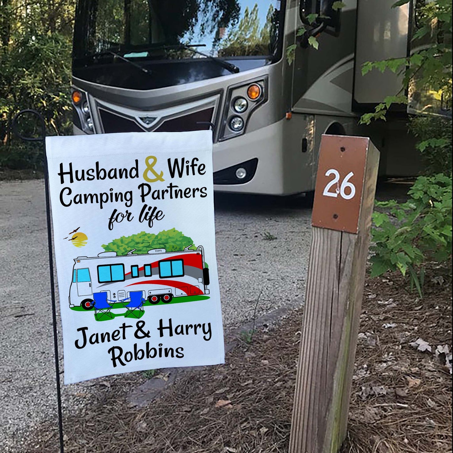 Husband & Wife Camping Partners for Life Personalized Camping Flag with Class A Motorhome