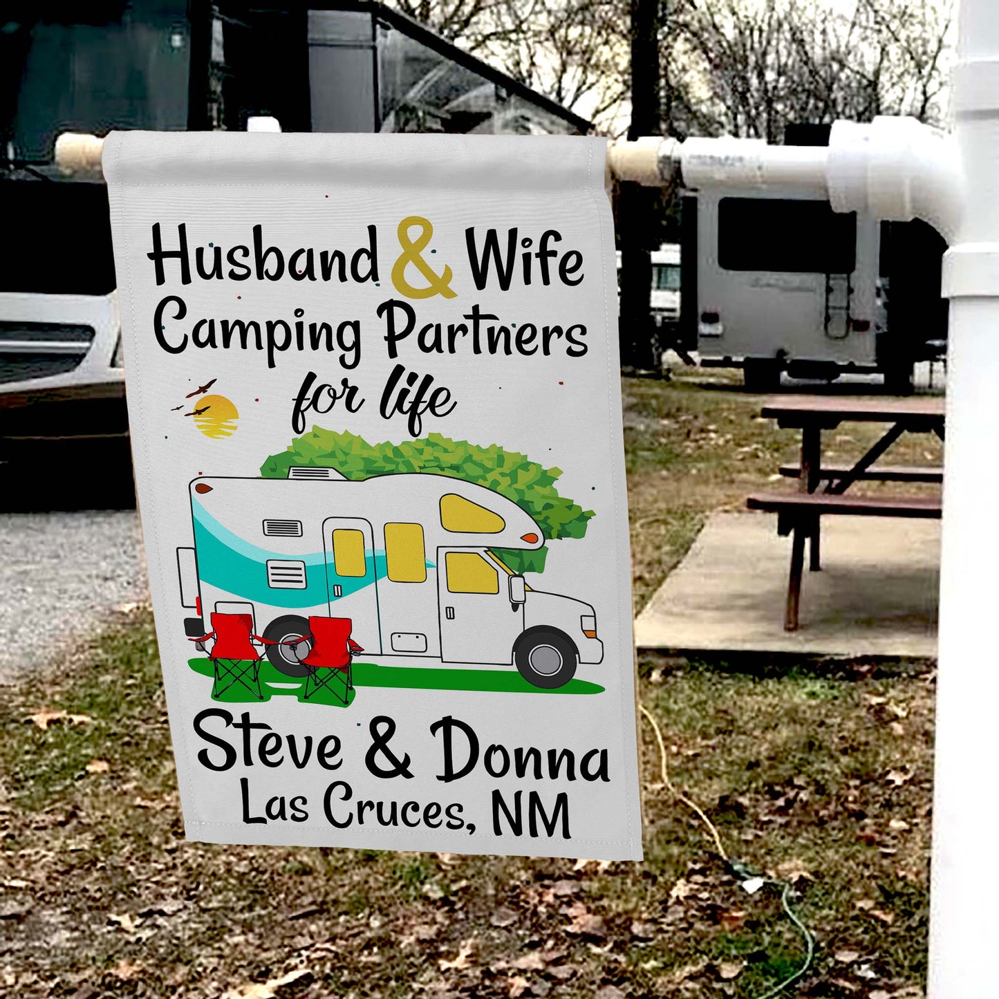 Husband & Wife Camping Partners for Life Personalized Camping Flag with Class C Motorhome