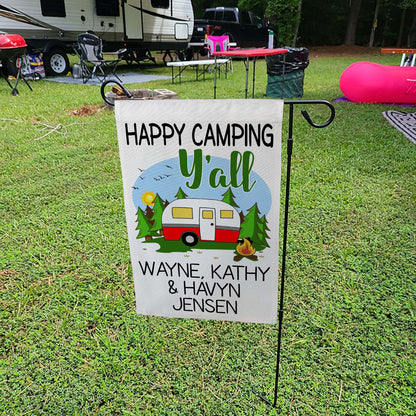 Happy Camping Y'all Personalized Campsite Flag with Retro Travel Trailer