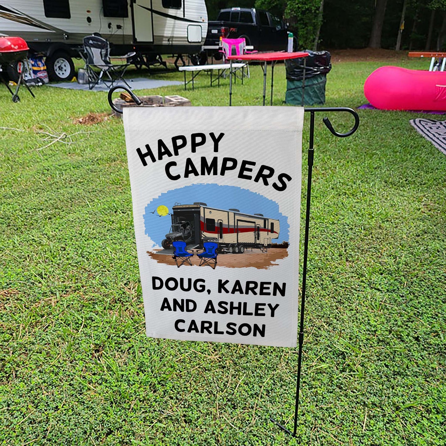 Happy Campers Personalized Camping Flag with 5th Wheel Toy Hauler