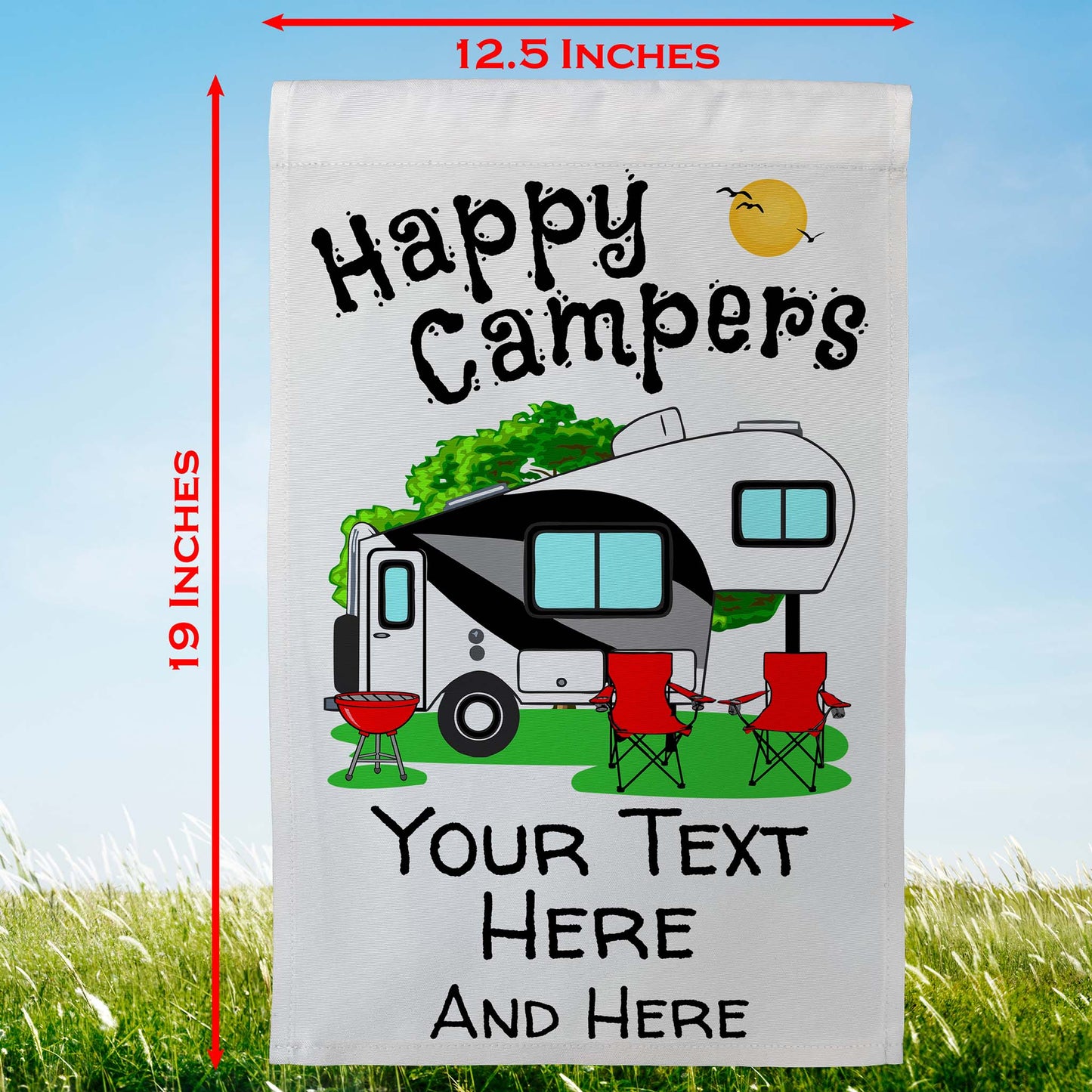 Happy Campers Personalized Camping Flag With 5th Wheel Trailer